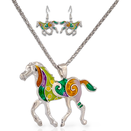 Silvertone Pastel Rainbow Mosaic Horse Necklace and Earring Set