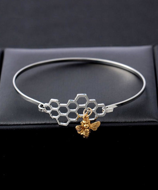 BESHEEK Silver and Goldtone Honeycomb and bumble bee Bangle Bracelet| Handmade Hypoallergenic Boho Beach Gala Wedding Style Jewelry