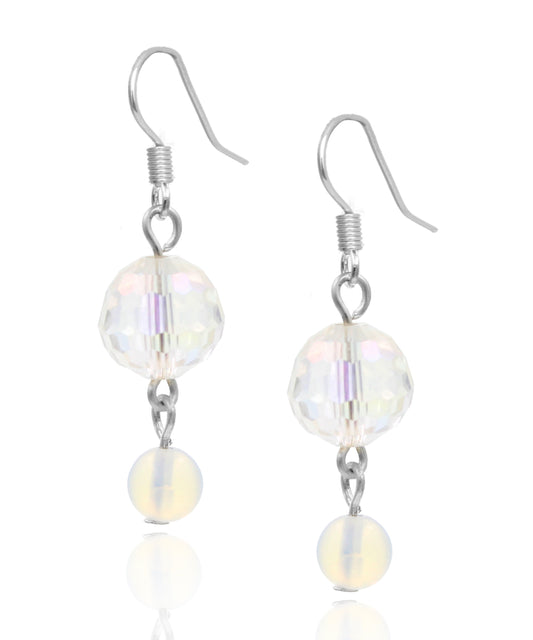 BESHEEK Sterling Silver and Opal Crystal Double Round Dangle Earrings | Hypoallergenic Boho Beach Gala Wedding Style Fashion Earrings