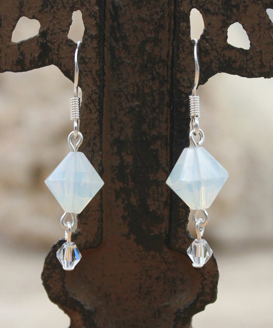 BESHEEK Sterling Silver and Opal Crystal Double BiCone Dangle Earrings | Hypoallergenic Boho Beach Gala Wedding Style Fashion Earrings