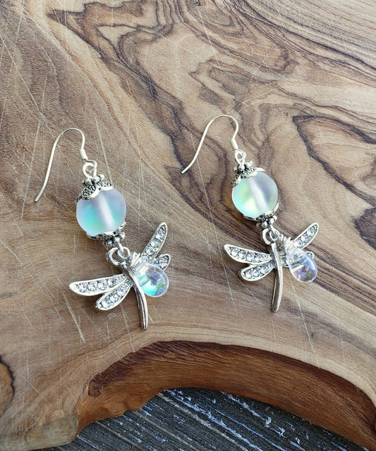 BESHEEK Silvertone Mermaid Glass and Rhinestone Dragonfly Earrings | Hypoallergenic Boho Beach Gala Wedding Style Fashion Earrings