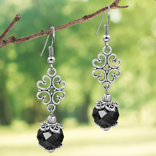 BESHEEK Silvertone Ornament and Black Crystal Dangle Earrings | Handmade Hypoallergenic Boho Beach Gala Wedding Style Fashion Earrings