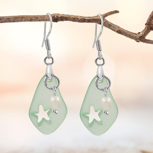 BESHEEK Mint Green Sea Glass and Freshwater Pearl Dangle Earrings | Handmade Hypoallergenic Boho Beach Gala Wedding Style Fashion Earrings