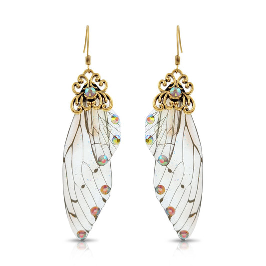 BESHEEK Antique Gold Clear Resin Butterfly Wings with Rhinestones | Handmade Hypoallergenic Boho Beach Gala Wedding Style Fashion Earrings