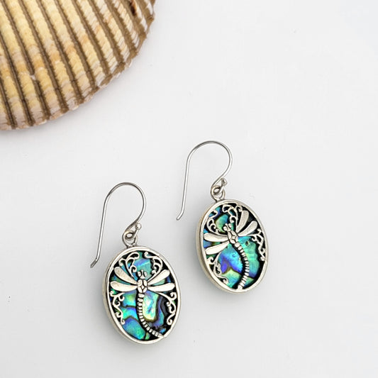Sterling Silver and Abalone Dragonfly Oval Dangle Earrings | Handmade Hypoallergenic Boho Beach Gala Wedding Style Sterling Earrings