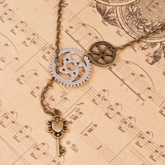 Steampunk Y Shaped Lariat Antique Bronze Gear Key Pendant Necklace